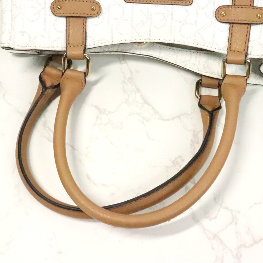 Calvin Klein Hudson White Signature Monogram Logo Pebbled Satchel Handbag Purse - Picture 7 of 9